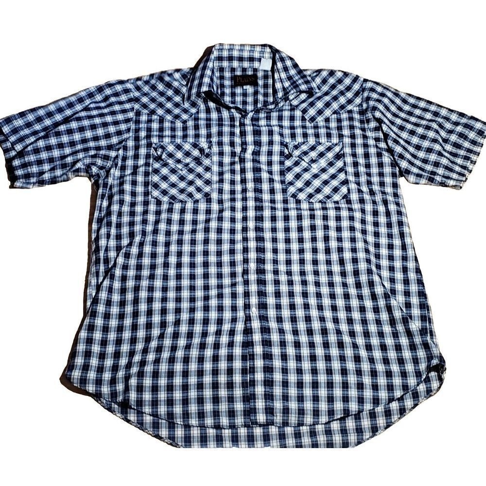 PLAINS WESTERN WEAR Vintage Rodeo Cowboy Pearl Snap Mens size L Blue graph Plaid